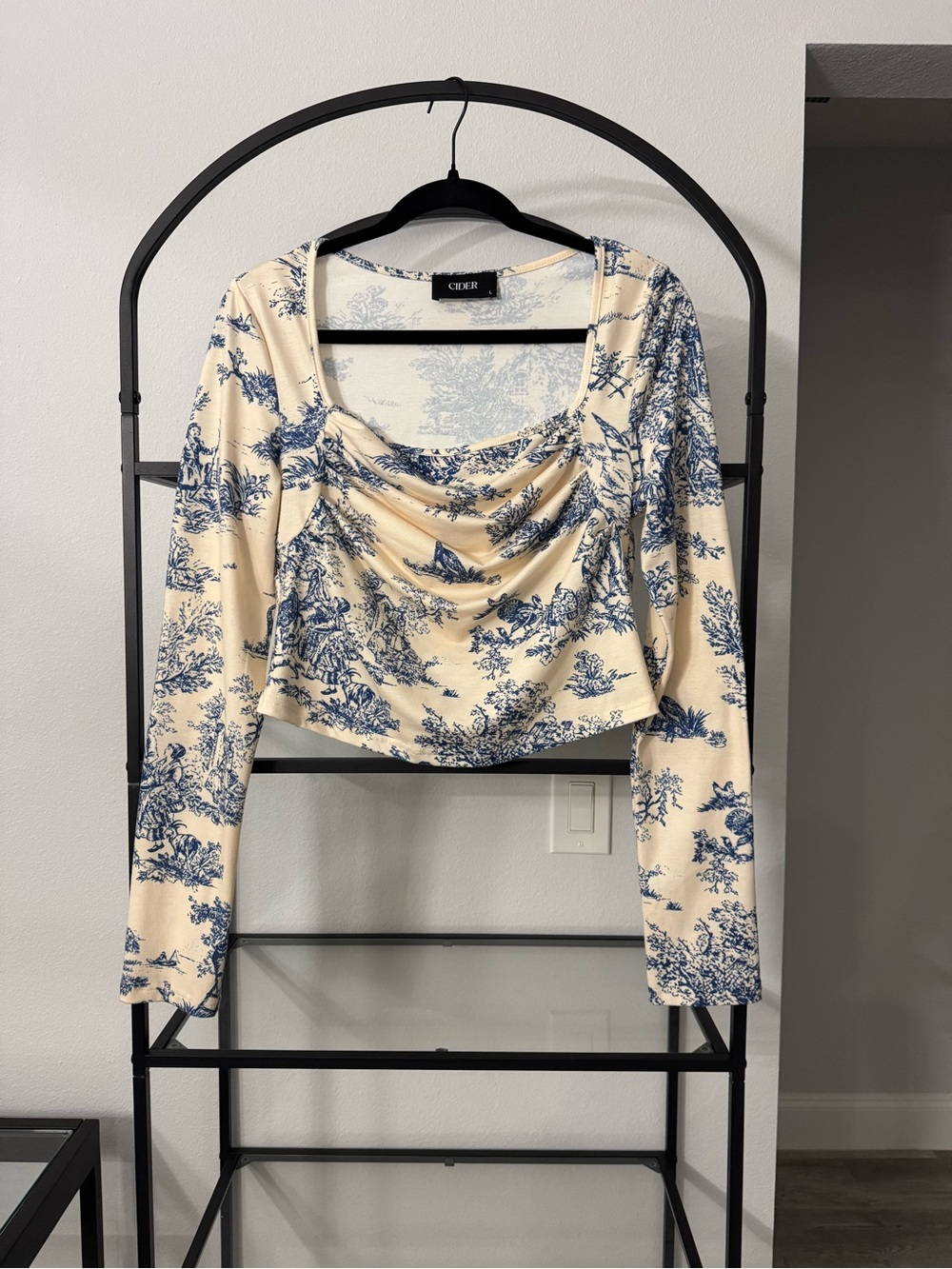 Cider Cream Long-Sleeve Top with Blue Toile Floral Print
